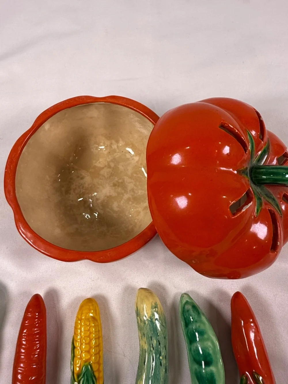 Vintage Maruhon Ware Tomato Utensil Holder 6 Vegetable Knives Japan